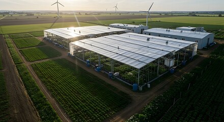 Aerial View of Greenhouses and Agricultural Fields at Sunrise