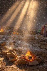 Naklejka premium Sunbeams on a snowy campfire scene