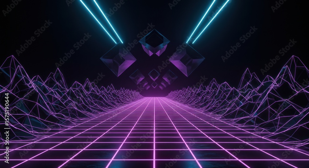 Poster retro wave synth landscape with digital grid terrain and geometric structure