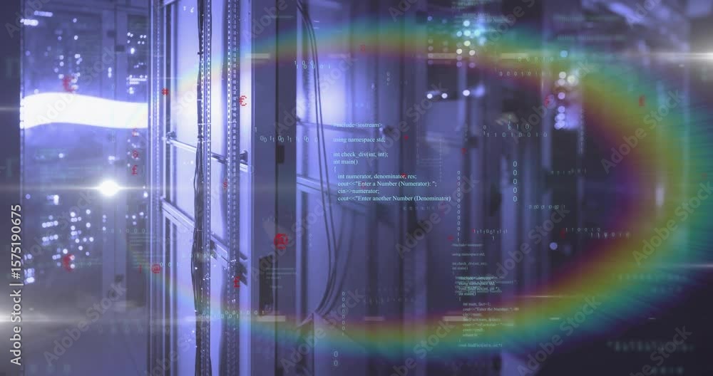 Poster static server rack starting code overlay growing rainbow halo shifting flare showing data flow