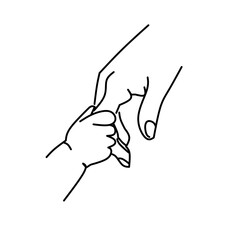 Minimalist one line art vector of an adult hand holding a baby’s hand. Elegant and touching design symbolizing care, protection, love, and family bonds.