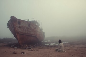 A lone figure sits near a beached ship in dense fog creating a somber and mysterious atmosphere near water