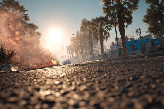 Asphalt street, palm trees, fire, smoke, sunset