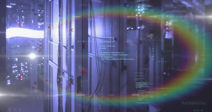 Static server rack starting code overlay growing rainbow halo shifting flare showing data flow