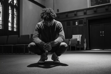 A man crouching down in a large room with hands clasped together looking down in a black and white image