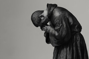 Monk in prayer with head bowed and hands clasped together in a dark robe against a light background