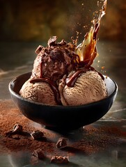 A delectable bowl of chocolate ice cream with a splash of liquid, showcasing rich dessert flavors and creating a tempting sweet treat, ideal for culinary concepts and dessert presentations.