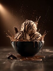 Savor the richness of a dark chocolate ice cream dessert, drizzled with fudge, presented in a bowl with a delicious splash and chocolate chunks, perfect for a sweet treat moment.