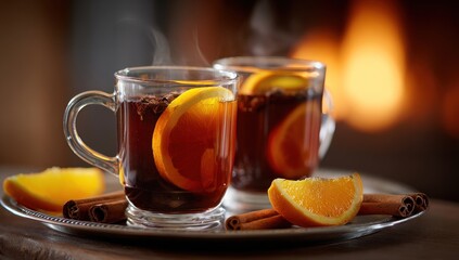 Cozy spiced tea by fireplace