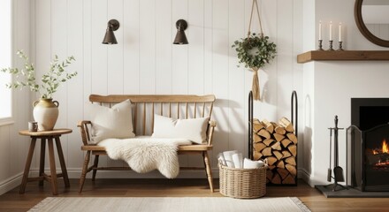 Cozy Farmhouse Living Room With Rustic Bench and Fireplace