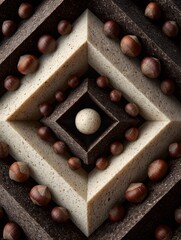 A captivating arrangement of hazelnuts showcases nature's geometric patterns with triangular blocks in cream and brown tones, perfect for food related backgrounds and artistic compositions.