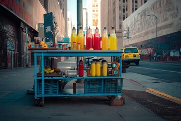 A blue street vendor cart with colorful drinks and fruits on a city sidewalk during the daytime view