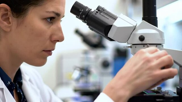 Close-up of scientist using microscope in laboratory for research and development advancements in