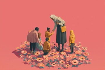 A woman in hijab reaching out to a child surrounded by other children in a field of flowers on pink