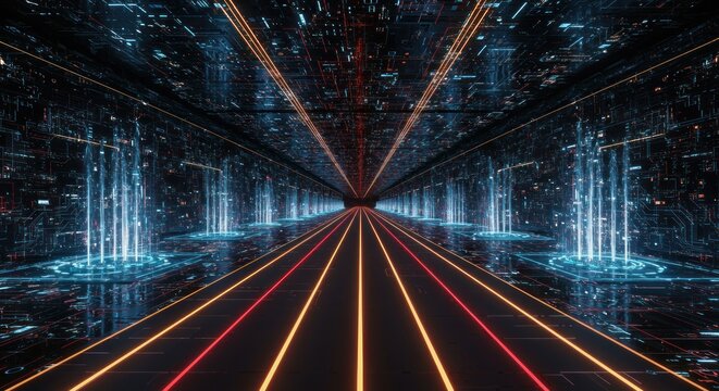 Abstract futuristic technological tunnel with neon light and circuit patterns