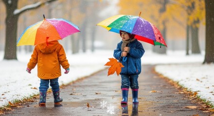 Obraz premium Two children with colorful umbrellas walk on a path in autumn snow