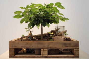 A small tree growing in a wooden pallet with a figurine and other plants on top of the structure