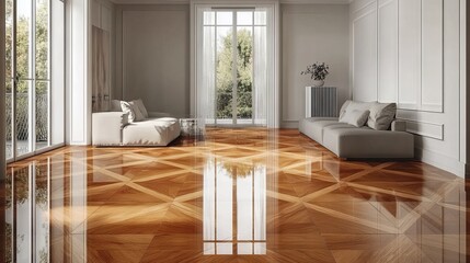 Artisanal wood floor treatment, hand-applied finishing coat, geometric parquet design, pristine varnish application, expert brush technique, mirror-like surface creation, traditional woodworking