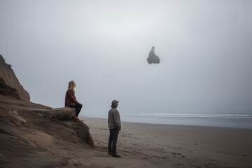 A woman sitting on a rock and a man standing on a beach with a floating object in the foggy sky