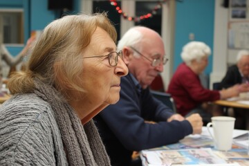 Elderly woman with glasses at a table with other seniors in a bright room with christmas lights on wall
