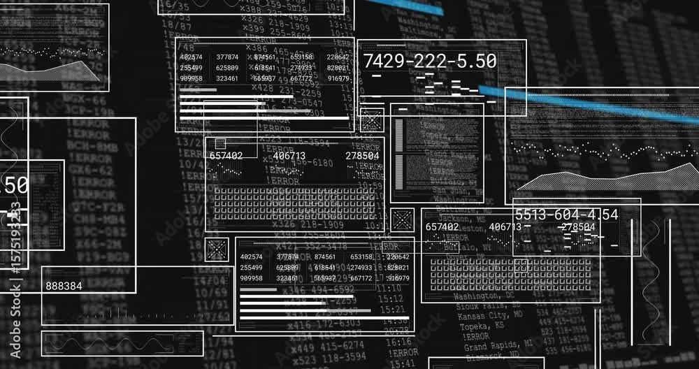Poster white outlines appearing and windows forming while blue beam sweeping and visualizing numeric data