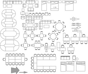 2D Furniture Set Drawing – Sofa, Bed, Dining Table, Meeting Table, and Direction Arrows – Vector Layout Plan