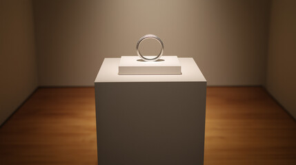 Satin-silver ring displayed atop a pedestal under gallery lighting, emphasizing its fine craftsmanship