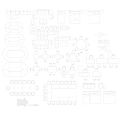 2D Furniture Set Drawing – Sofa, Bed, Dining Table, Meeting Table, and Direction Arrows – Vector Layout Plan