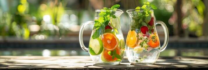 A refreshing fruit and herbinfused water served in a rustic glass pitcher adding a touch of sophistication to the dinner table.