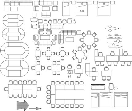 2D Furniture Set Drawing &ndash; Sofa, Bed, Dining Table, Meeting Table, and Direction Arrows &ndash; Vector Layout Plan