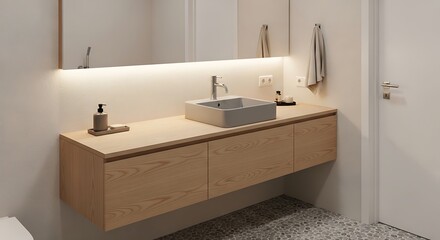 Modern bathroom interior with wooden vanity and square sink creating a spa ambiance