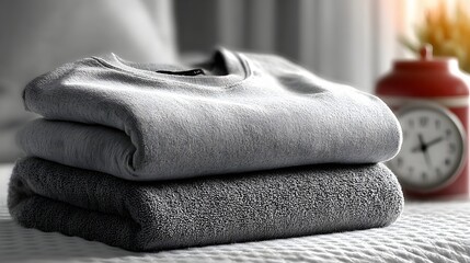 Stacked Gray T-shirts and Towels on Bedside Table with Alarm Clock