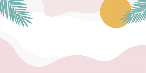 Summer-themed flat illustration featuring a warm sun, soft pastel colors, and tropical palm leaves framing a blank space for text or design elements