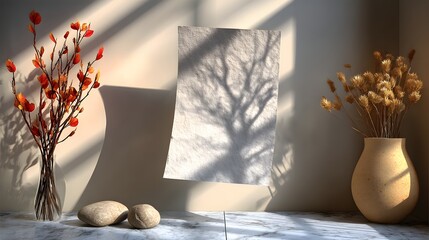 Decorative Still Life with Dried Flowers and Shadowed Paper on White Marble Surface