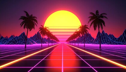 Fototapeta premium Retrofuturistic road with palm trees under a vibrant sunset
