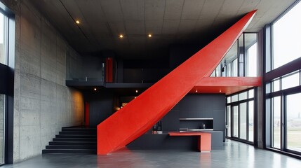 Modern, minimalist home interior with a bold red staircase