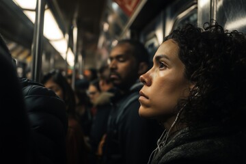 Woman with earphones looking up on a crowded subway train during commute in an urban environment