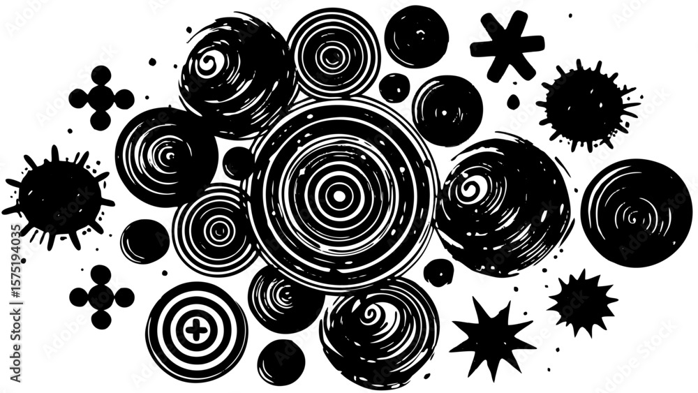 Poster vector collection of abstract black and white circles spirals and star shapes on a white background 