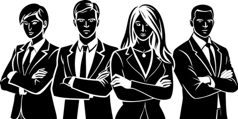 Vector  group of four business people in suits with arms crossed in black and white illustration style image