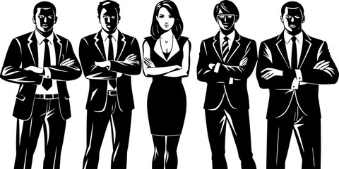 Vector  illustration of five confident business people standing with arms crossed in black and white style art