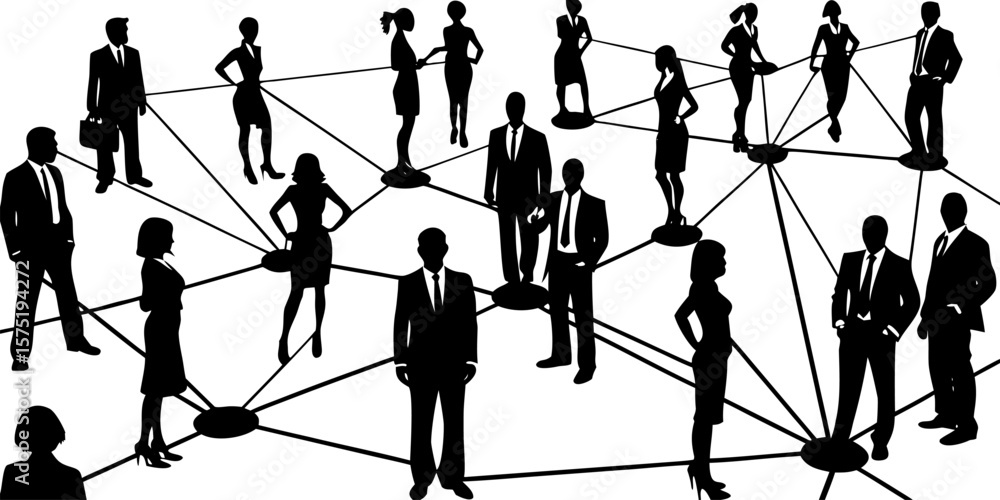 Poster vector silhouette representation of a network of business professionals connected by lines and nodes