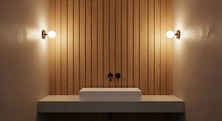 Modern bathroom with wooden slat wall and minimalist sink design featuring ambient lighting