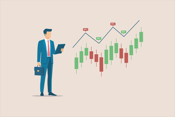 Trader analyzing candlestick chart with buy and sell signals. Concept of technical analysis, trading strategy, and financial market. Flat vector illustration.

