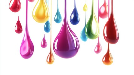 a vibrant 3d vector illustration of glossy, multicolored paint drops suspended in mid-air, showcasing a smooth, liquid texture each droplet varies in size and shape, with rich hues of red, blue,
