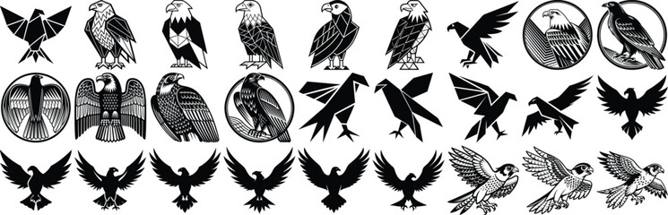 Diverse set of black and white eagle illustrations featuring varied design styles for graphic design elements