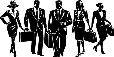 Vector  silhouette illustration of five business people in suits with briefcases and professional attire