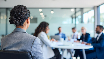 The back of a leader organizing a meeting against a blurry modern office backdrop.