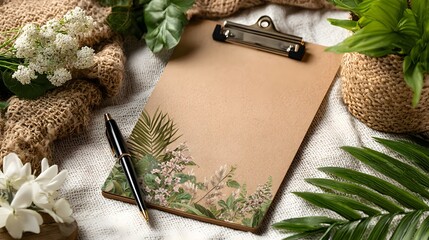 Brown Clipboard with Floral Notebook Surrounded by Green Plants and White Flowers in Natural Light