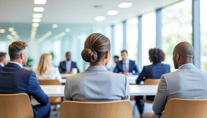 Fototapeta premium The back of a leader organizing a meeting against a blurry modern office backdrop.