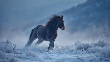 Wild horse sprinting across a frozen valley beneath crisp winter sky evoking untamed wilderness spirit